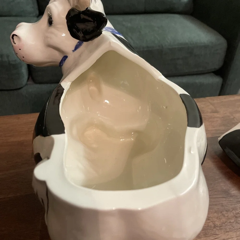 VTG Ceramic Cow Cookie Jar Black White Pink Bow Granny Twin Winton Cottage 16